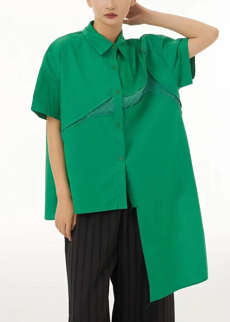 Women Green Asymmetrical Design Cotton Shirt Tops Summer