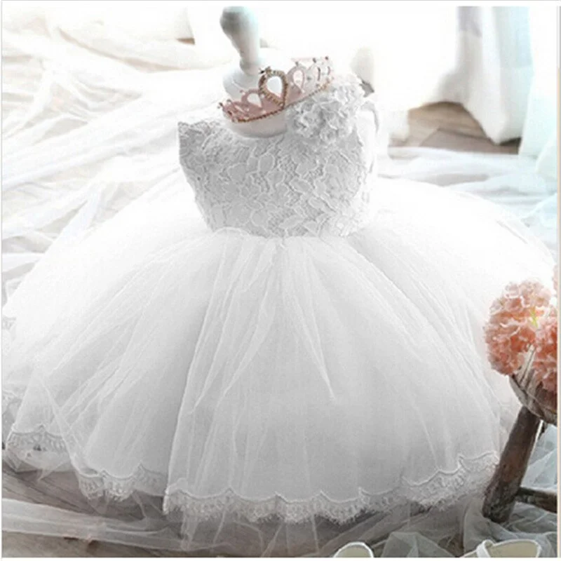 Uveng New Winter Baby Girl Dress 1 year Birthday Dress White Lace Baptism Vestido Infantil Bowknot Princess Dresses for Wedding Party