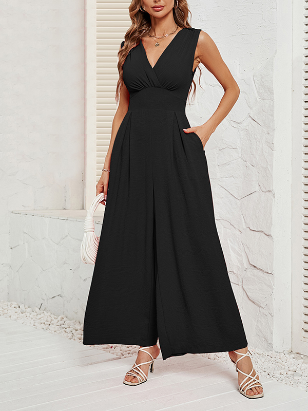 Split-Joint Solid Color Pleated Wide Leg Sleeveless V-neck Jumpsuits BLACK-M