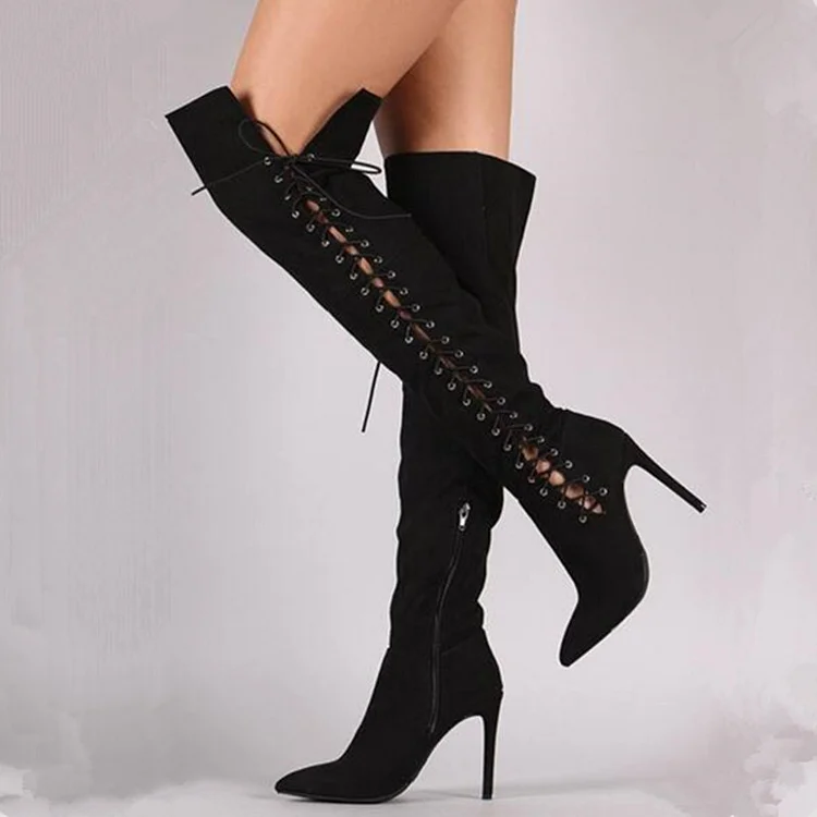 Women's Black Thigh High Lace up Boots Vegan Suede Stiletto Heels by FSJ |FSJ Shoes