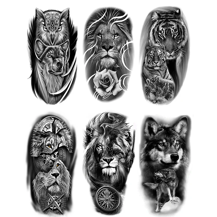 6 Sheets Black Wolf Lion Tiger Clock Temporary Tattoo Sticker