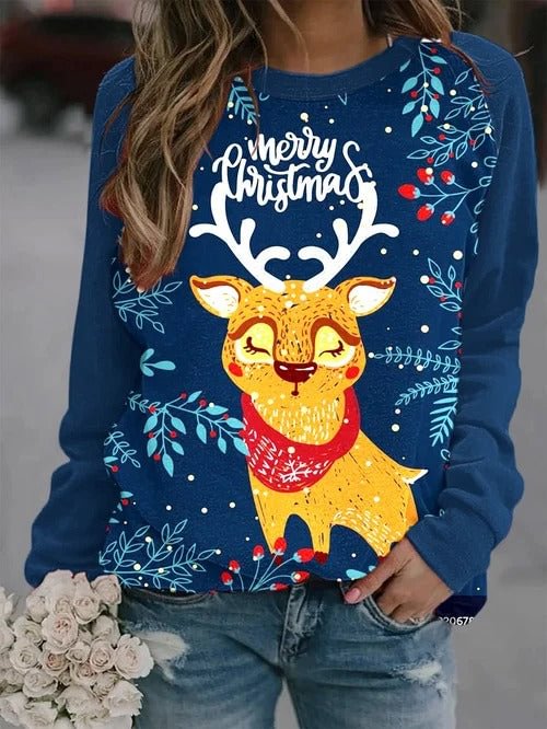 Merry Christmas Elk Fun Print Crew Neck Sweatshirt