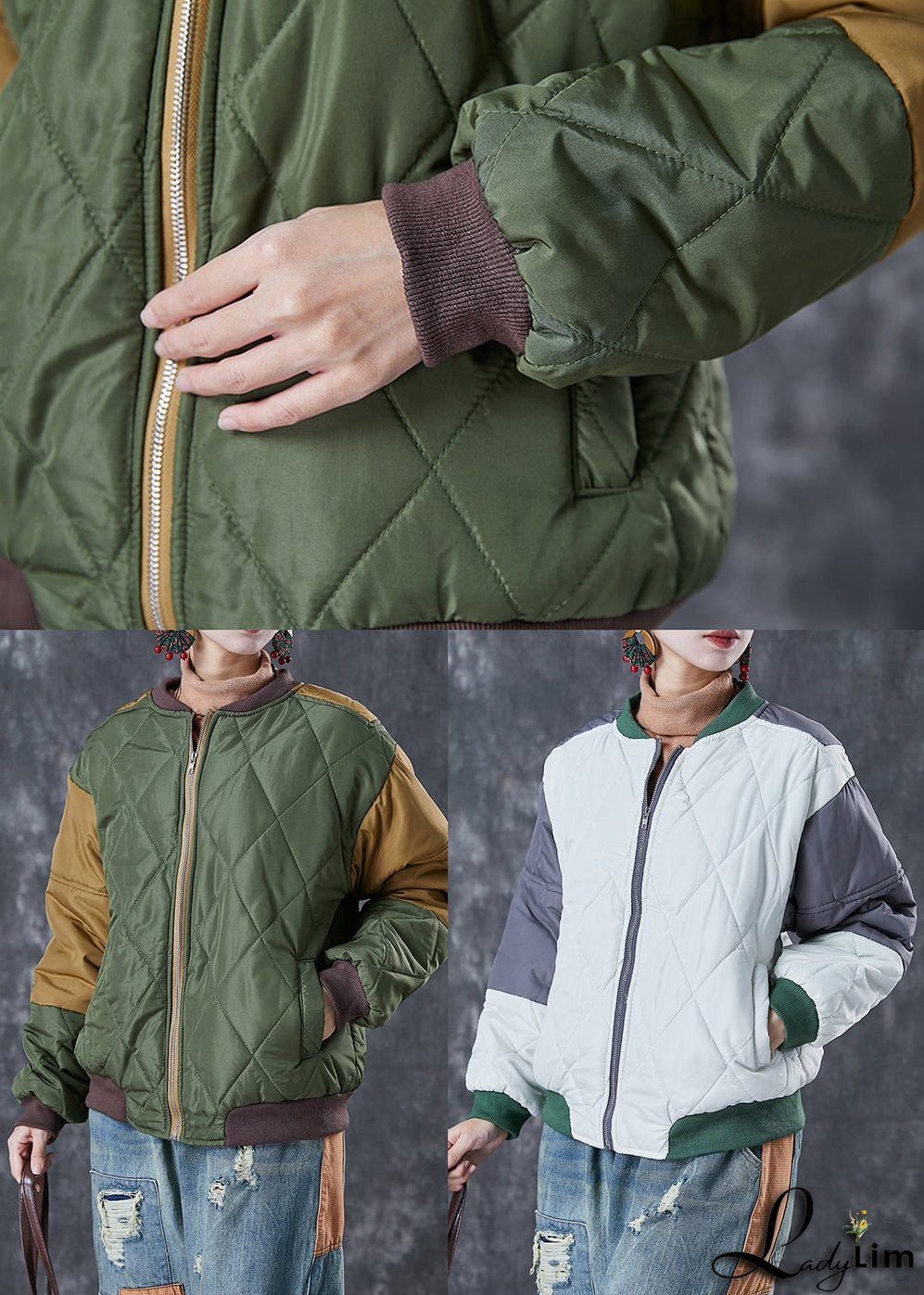 Art Army Green Zip Up Patchwork Fine Cotton Filled Parkas Winter