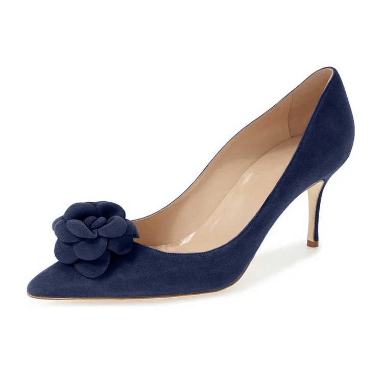 Suede Flowers Navy Blue Heels Pointy Toe Kitten Heel Pumps for Women |FSJ Shoes
