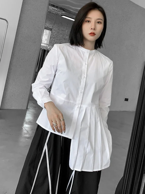 Stylish Irregular Solid Color Split-Joint Pleated Buttoned Stand Collar Long Sleeves Blouse