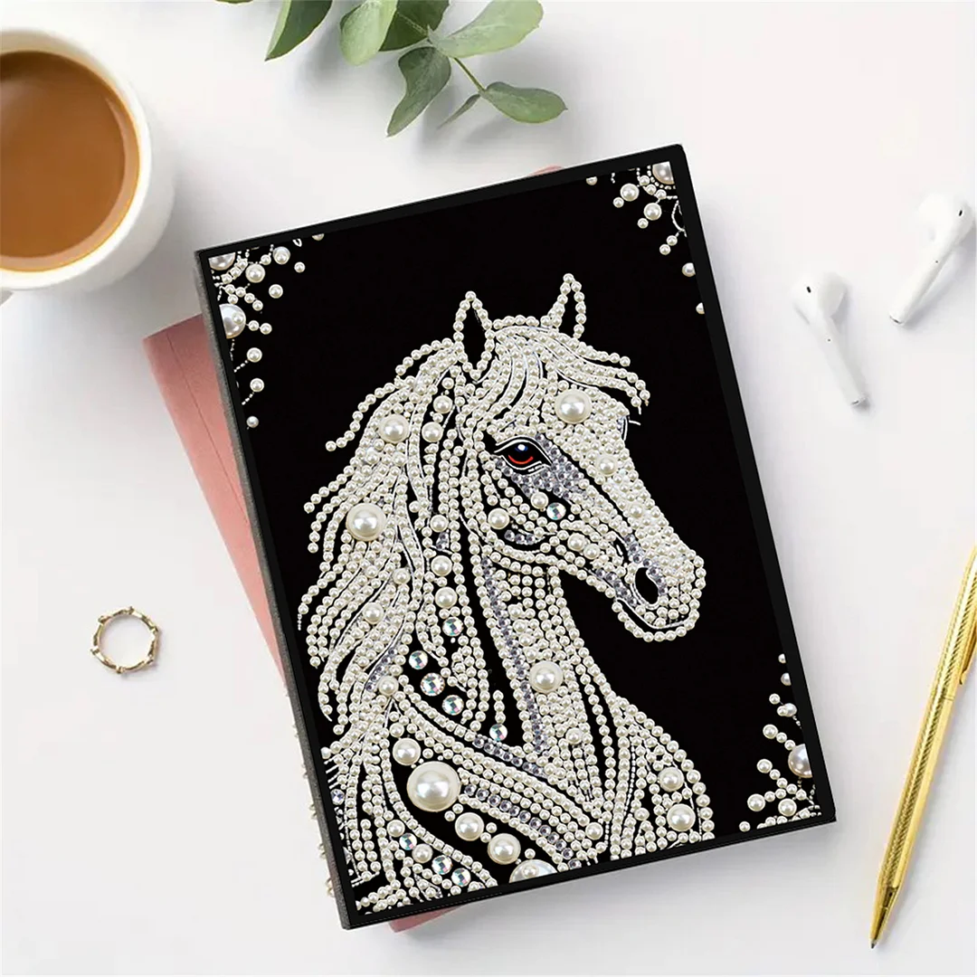 Horses Partial Pearl DIY 50 Pages A5 Diamond Painting Notebook Special Shaped Diamond Art Diary Book Kits Wireless Strip 5D Crystal Art Paintings Sketchbook for Art Drawing