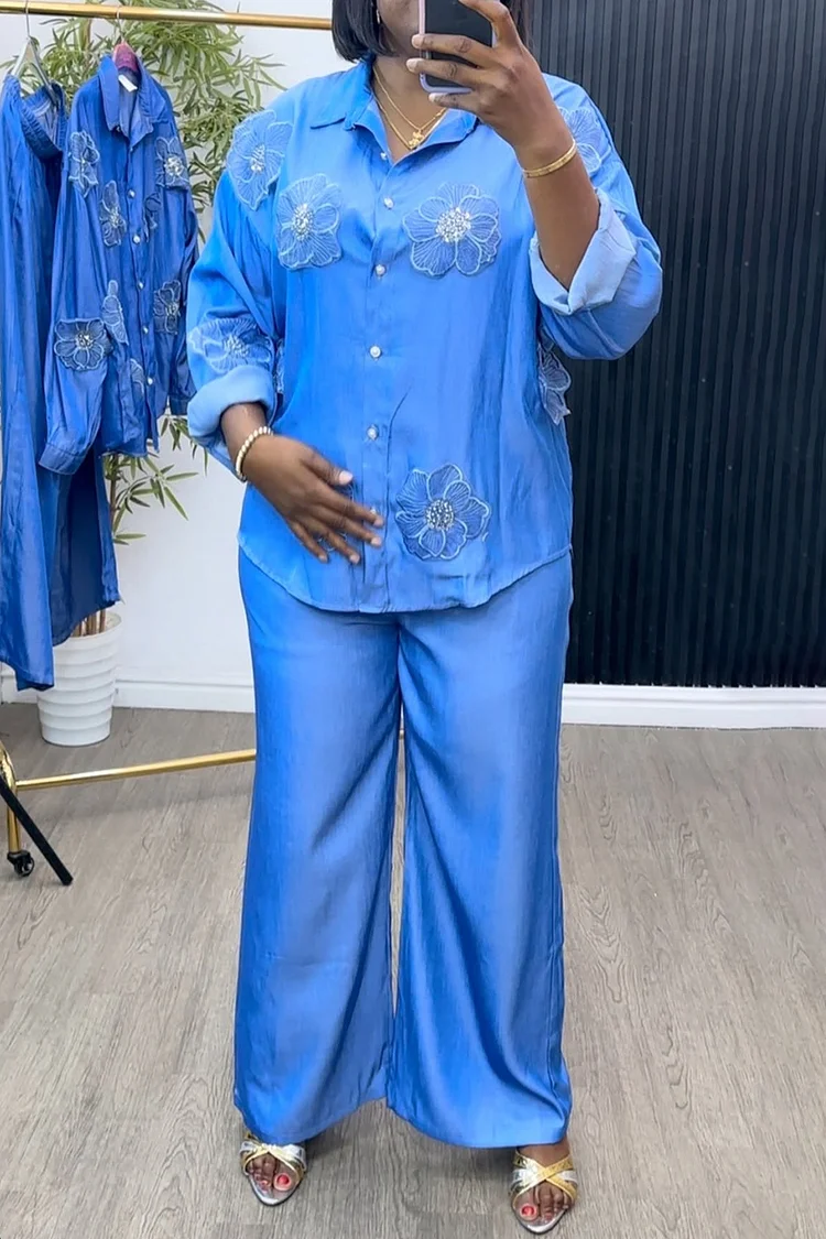 Plus Size Business Casual Blue Shirt Collar 3D Pocket Tencel Denim Two Piece Pant Sets [Pre-Order] 2024 - Xpluswear