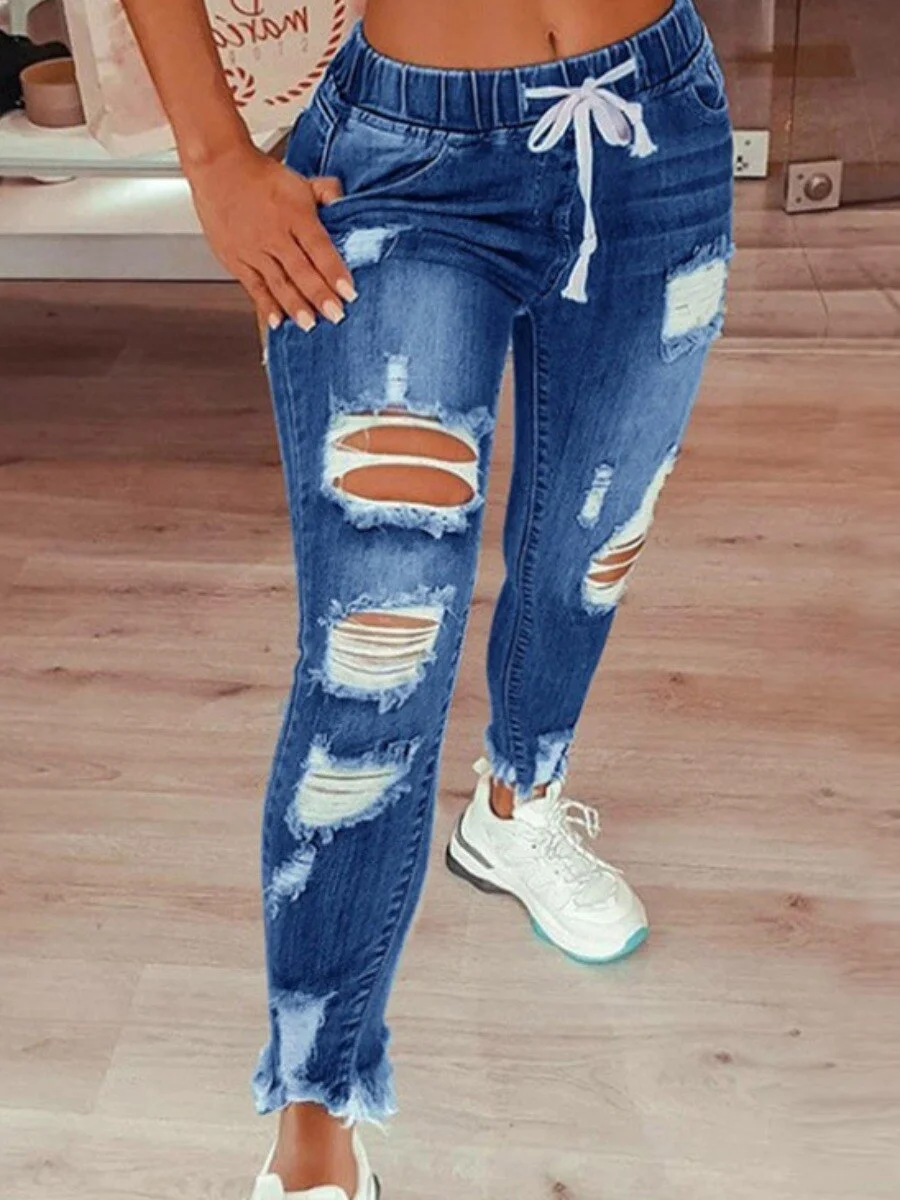 High Stretch Drawstring S-5XLClassic Distressed Ripped Raw Edges Hem Jeans Zipper Fly Solid Holes Fashion Denim Streetwears