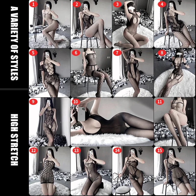OJBK 3Pcs Sexy Lingerie Set Open Crotch Stretch Mesh Body Stockings 15 Style Teddies Bodysuit Erotic Outfit Plus Size Underwear