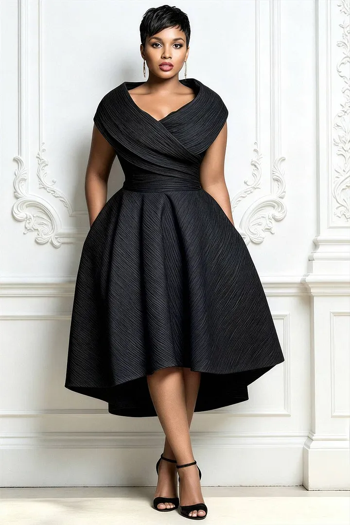 Xpluswear Design Plus Size Cocktail Party Black Wrap Neck Short Sleeve Pocket Irregular Hem Midi Dresses 2024 - Xpluswear