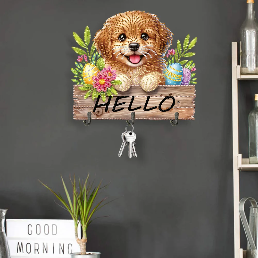 5D DIY Hello Dog 3 Hooks Special Shape Diamond Painting Wooden Hook Rail for Wall
