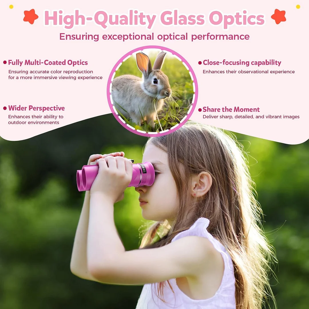 Binoculars for Kids 8-12,Compact Travel Binoculars with BAK-4 Prism, Fully Multi-Coated Optics, Carry Bag & Neck Strap（Pink）