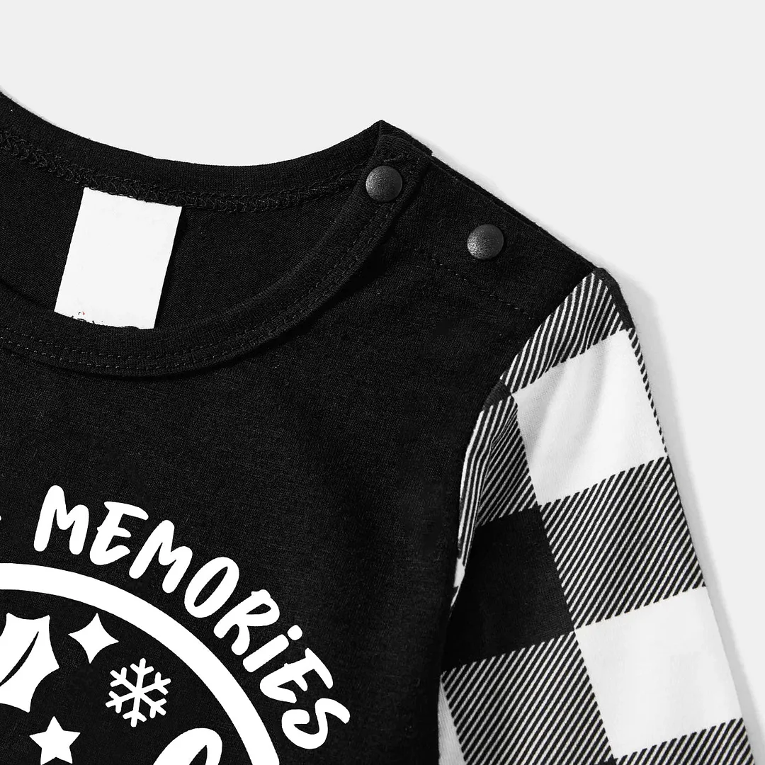 Christmas Make Memories Together 2024 Print Black Long Sleeve Top with Black And White Plaid Pants Family Matching Pajamas