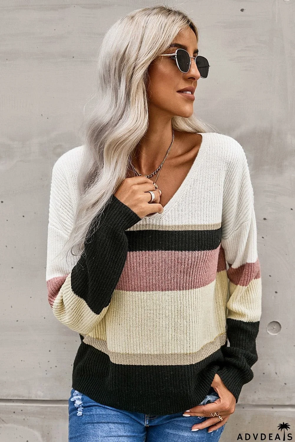 Khaki Casual Color-Block Striped Long Sleeve V Neck Sweater
