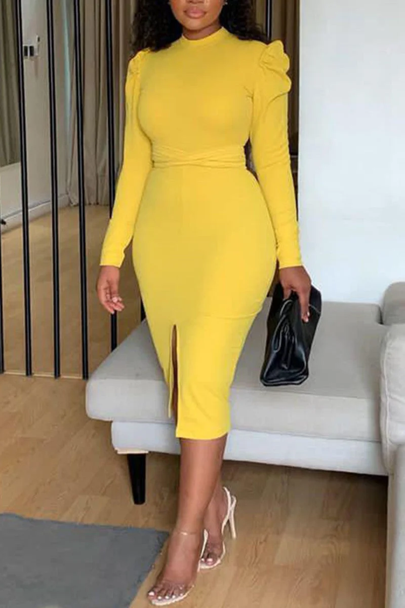 Fashion Casual Solid Patchwork Slit O Neck Long Sleeve Dresses