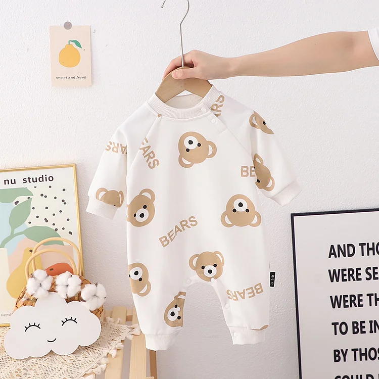 Baby Boy/Girl Allover Bear Pattern Long Sleeve Pullover Romper