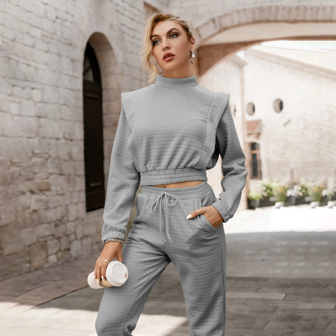 Simplee Two piece short women sweatshirt set autumn Elastic lace up turtleneck casual pants sets Fashion solid female tracksuits