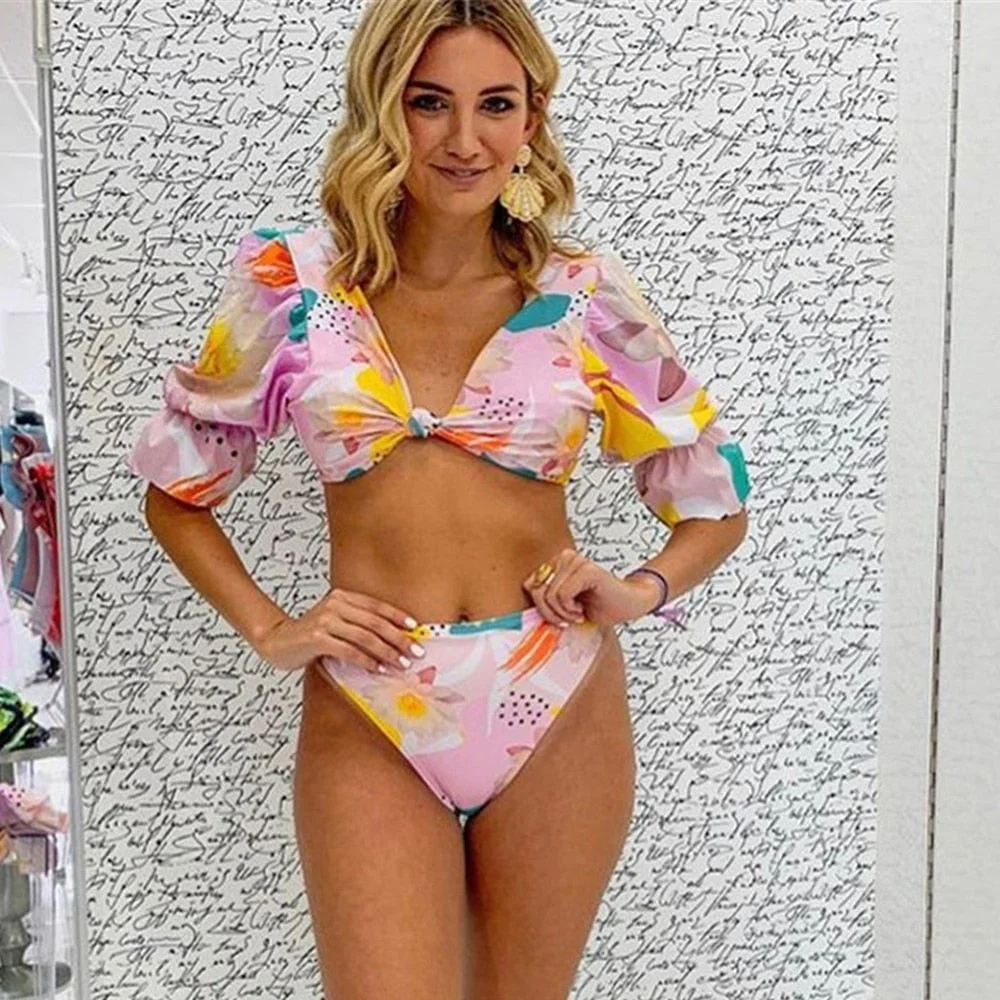 Sexy Bikinis And Shirt Set Puff sleeve Swimwear 2021 Bandeau Printed Swimsuit High Waist Bathing Suit Beachwear female