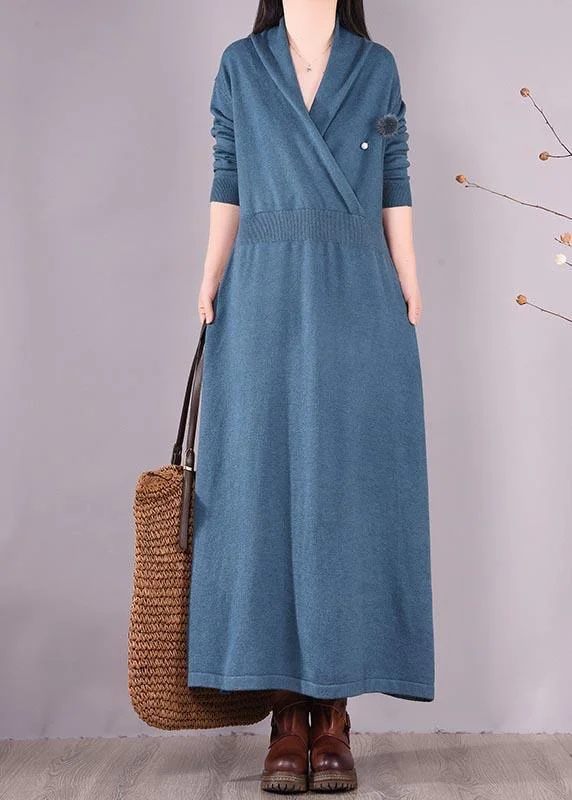 Loose V Neck Asymmetric Spring Quilting Clothes Work Blue Robes Dresses