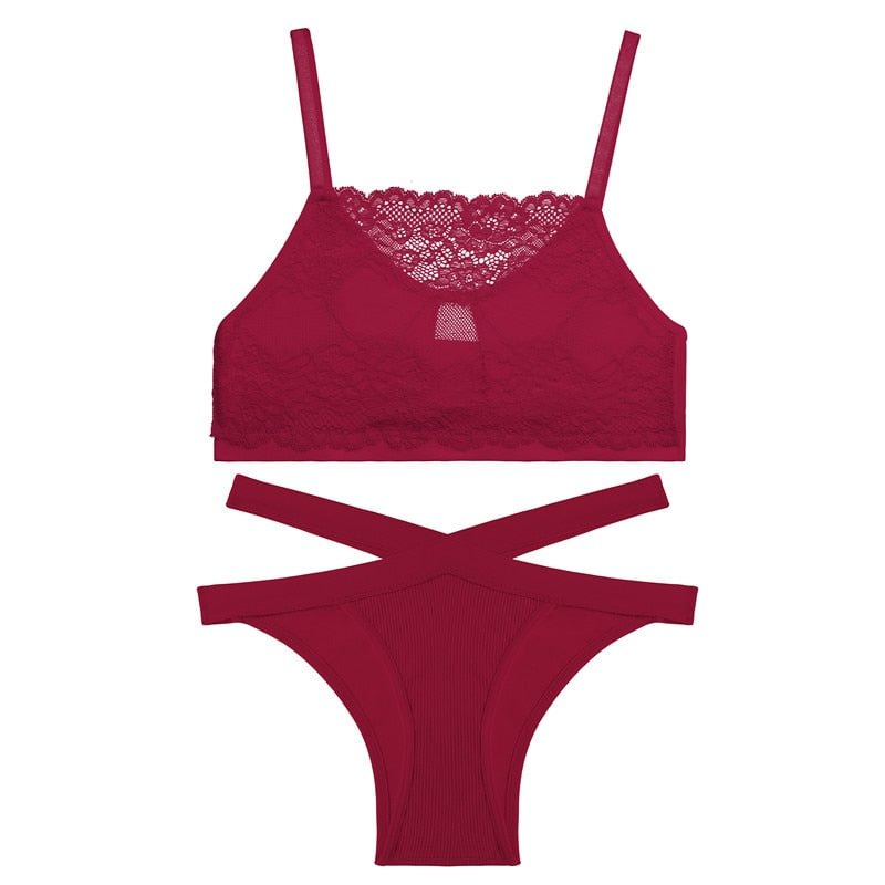 FINETOO Lace Hollow Out Bra Set Women Sexy Wireless Tops Soft Brazilian Panties Fashion Tube Top Low Waist Underpants Lingerie