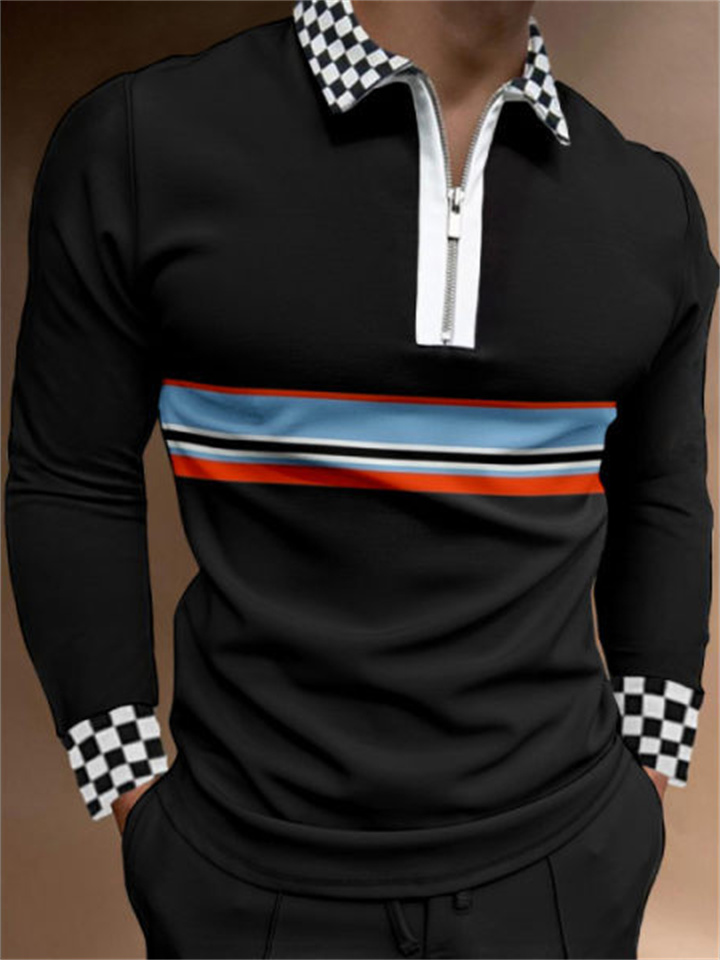 Men's Collar Polo Shirt Golf Shirt Letter Graphic Prints Standing Collar Blue White Outdoor Work Long Sleeve Patchwork Braided Clothing Apparel Cotton Sports Fashion Business Retro / Club / Beach