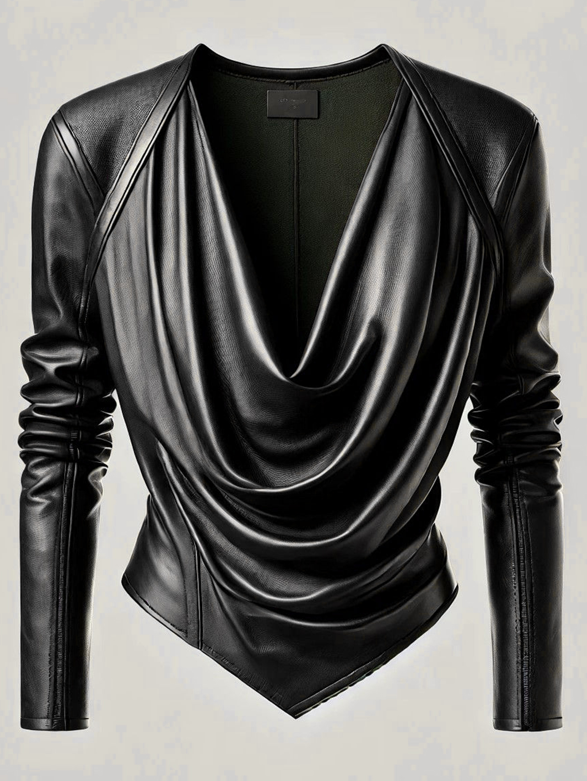 Ursime Cowl V Neck PU Leather Long Sleeve Blouse