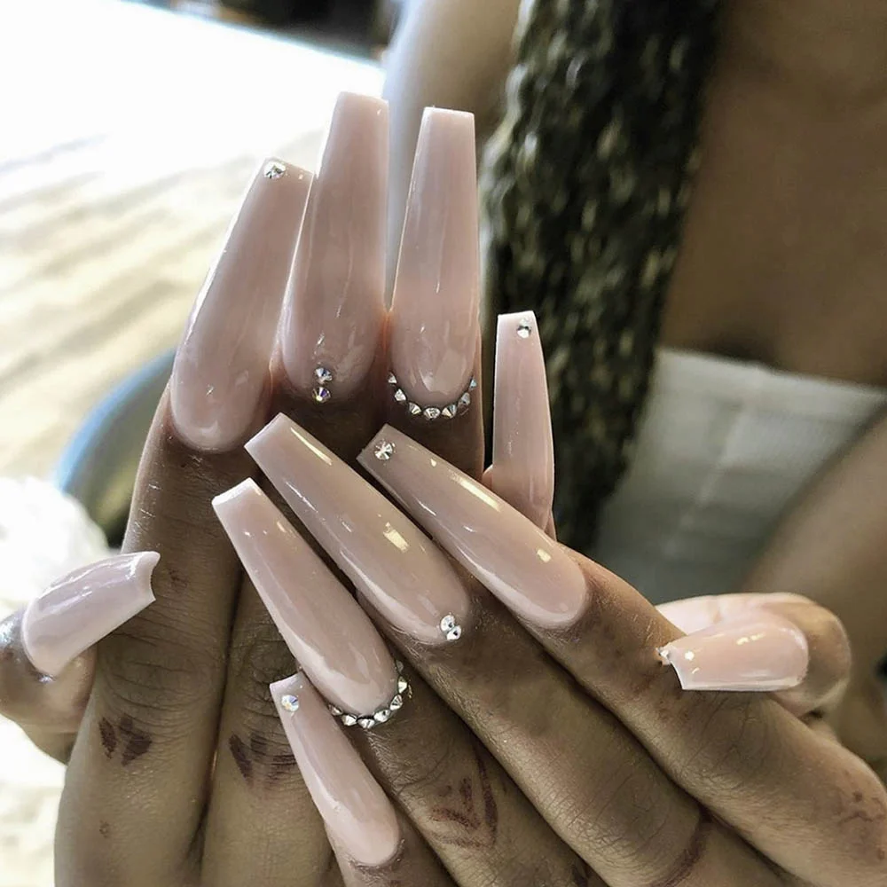 24pcs Fake long fingernail Ballet Nude color transparent Pink cloud Manicure patch press on nails with designs for girls sticker-Nail Inspo
