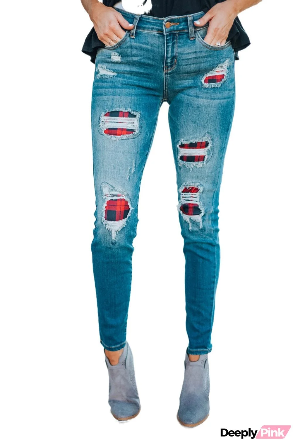Plaid Patch Destroyed Skinny Jeans