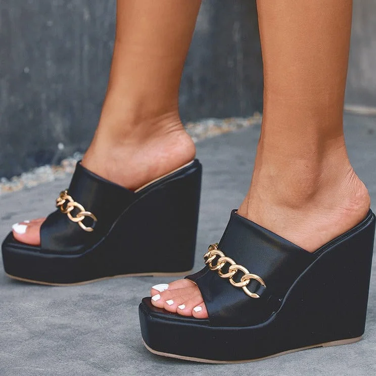 Women Slippers High Heel Open Toe Fashion Sandals Metal Chain Wedge Platform Plus Size Women Beachshoes