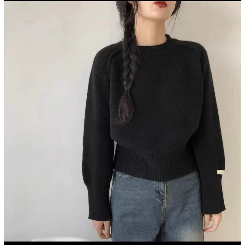 Uveng Uveng Version Of Autumn And Winter Thick Short Round-Neck Sweater Women Fashion Lazy High Sense Long-Sleeved Knitting Top Wear