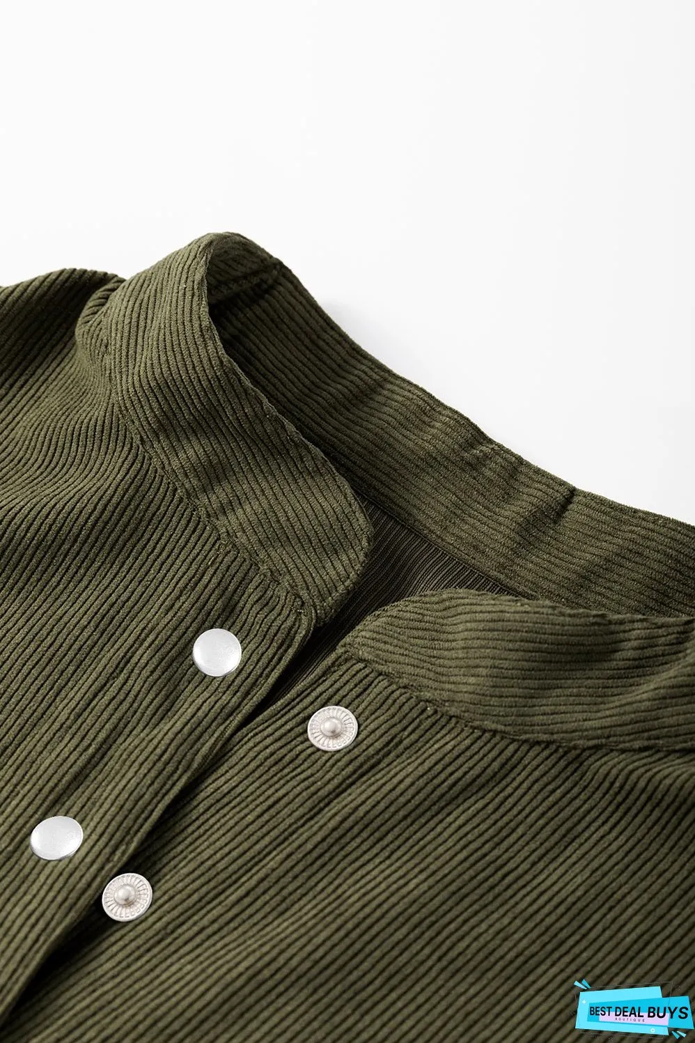 Vineyard Green Corduroy Snap Buttons Empire Waist Bracelet Sleeve Dress