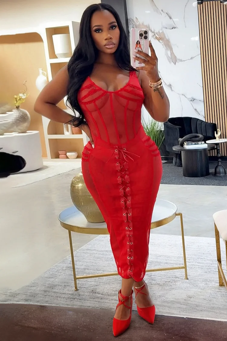 See-Through Mesh Corset Lace-Up Bodycon Party Midi Dresses-Red [Pre Order]