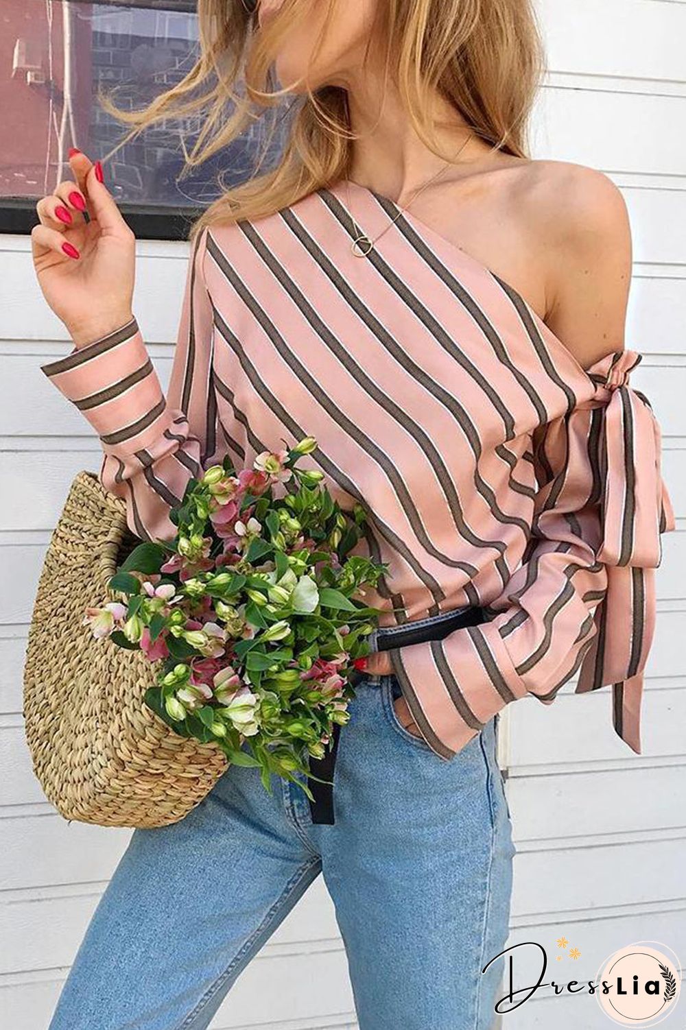 Striped Skew Neck Tie Up Blouse