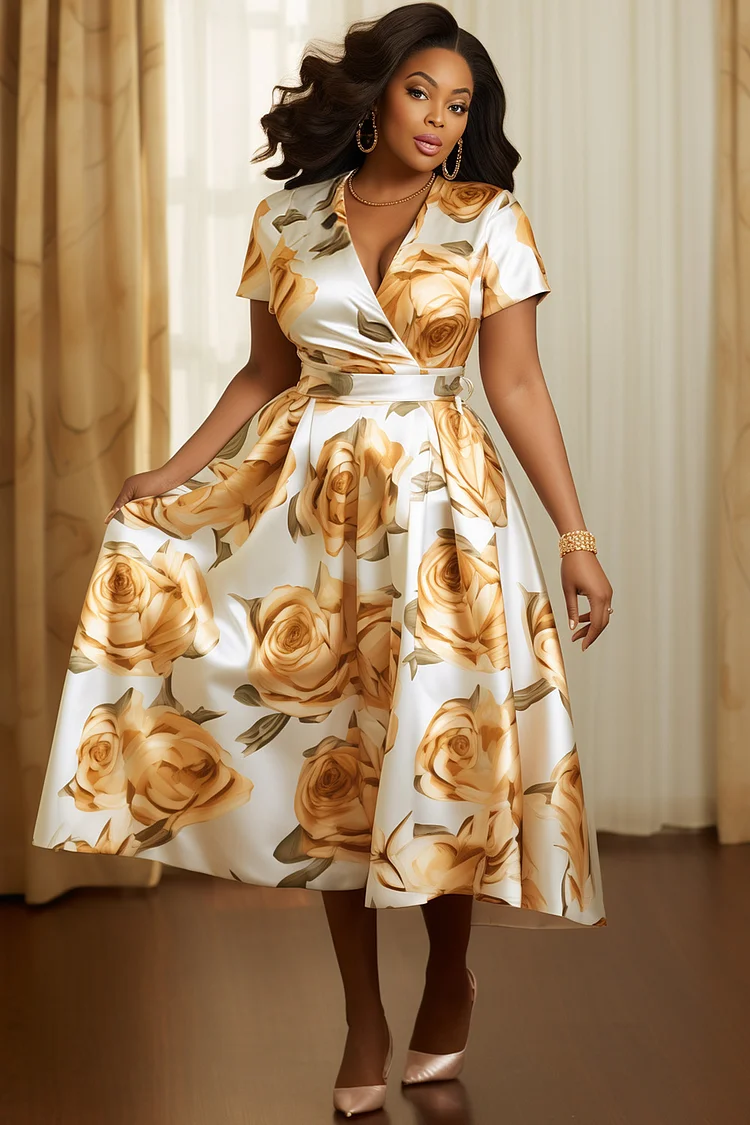 Xpluswear Design Plus Size Wedding Guest Gold Floral V Neck Short Sleeve Pocket Elegant Satin Midi Dresses [Pre-Order] 2024 - Xpluswear
