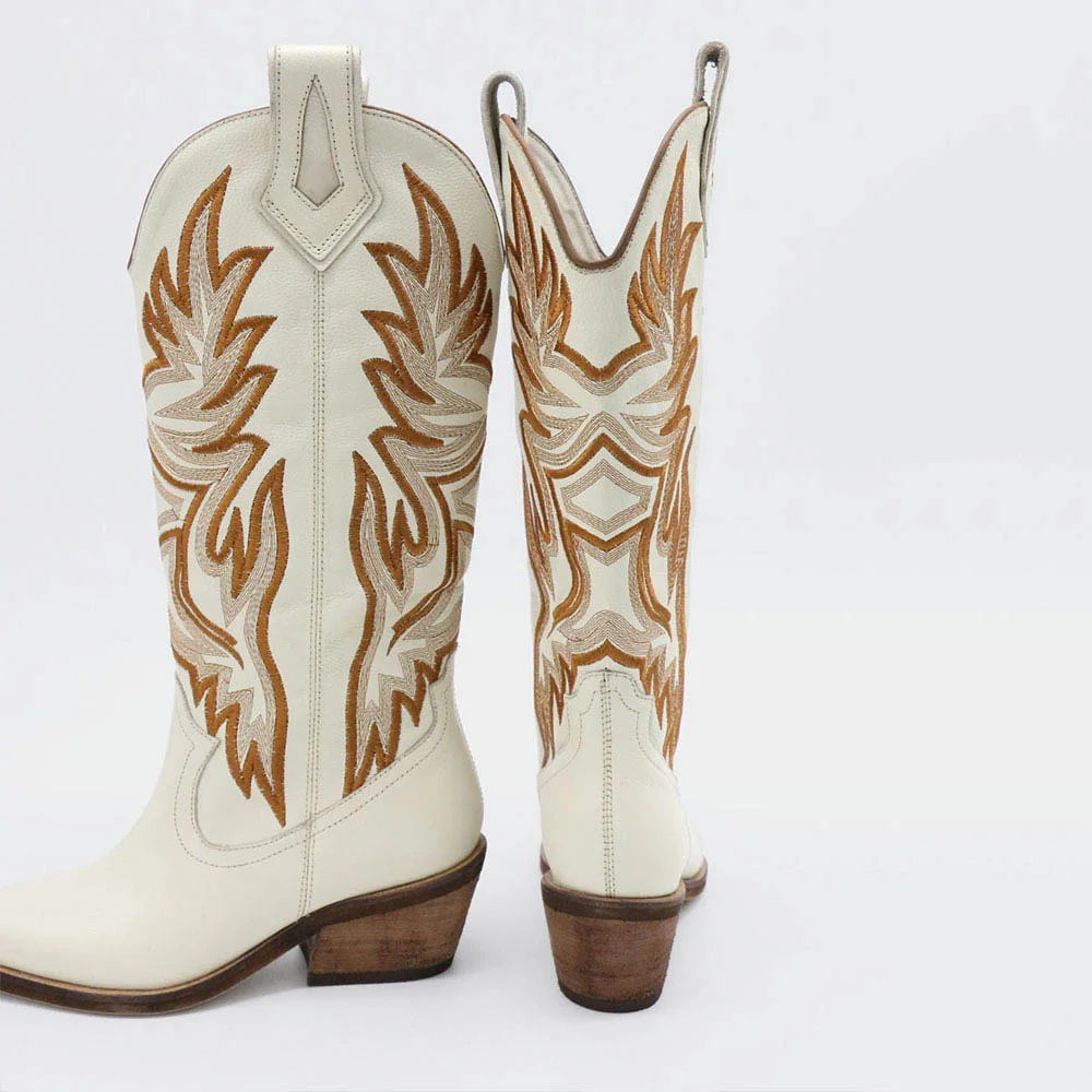 Ivory Chunky Heel Embroidered Snip Toe Western Cowgirl Boots for Women