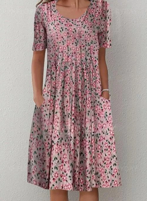 Round Neck Casual Loose Floral Print Short Sleeve Short Dress