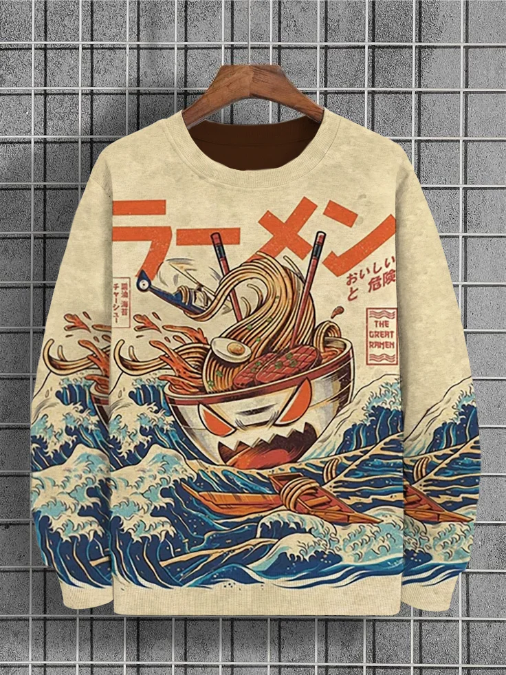 Men's Sea Wave Ramen Japanese Art Printed Casual Sweatshirt