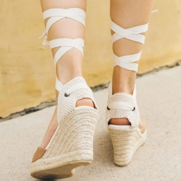 Tan Strappy Platform Wedges with Almond Toe Vdcoo