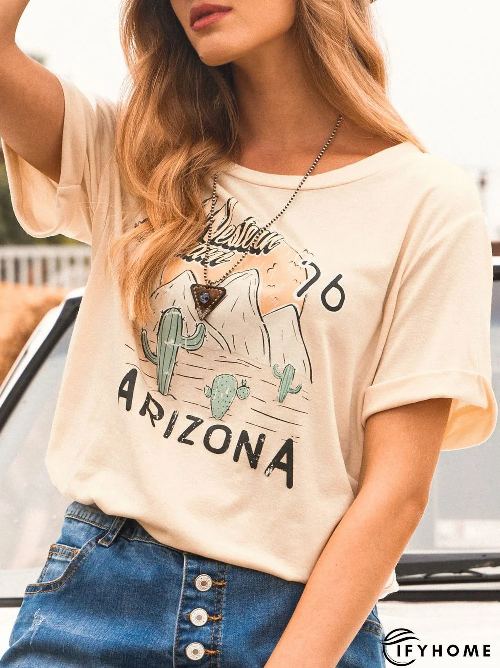 Apricot Short Sleeve Printed T-shirt | IFYHOME