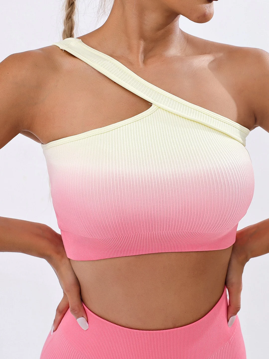 Gradual Change Seamless Yoga Suit Single Shoulder Yoga Vest Lift Yoga Pants Long Pants 2 Pieces Sets