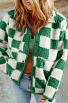 Women's Thick Green Contrasting Colors Snap Button Plaid Sherpa Jacket