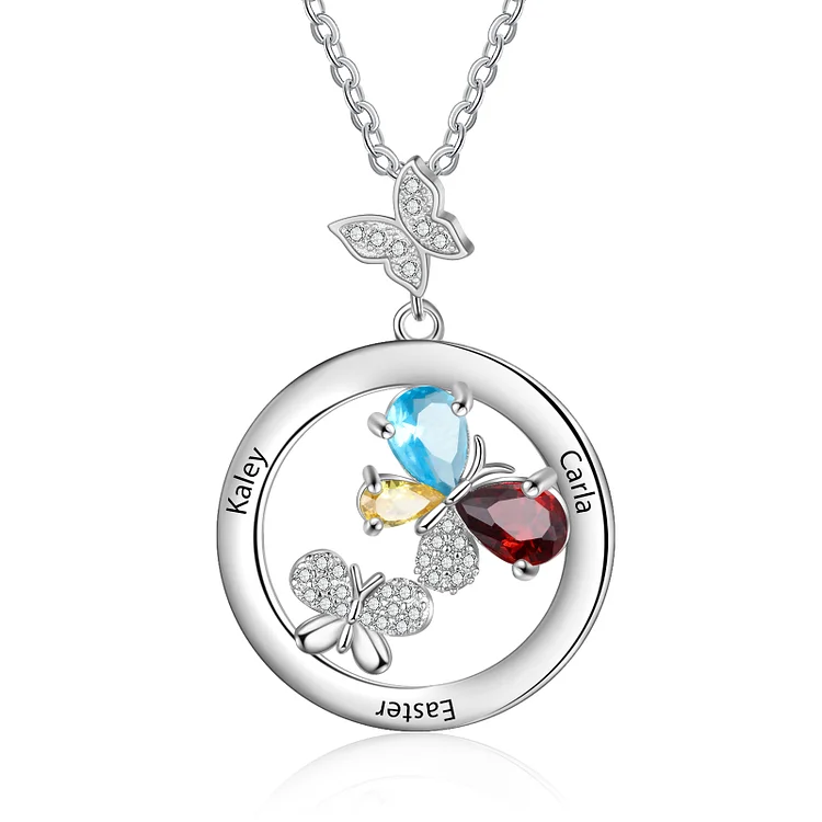 Butterfly Pendant Necklace Custom 3 Birthstones and Names for Her