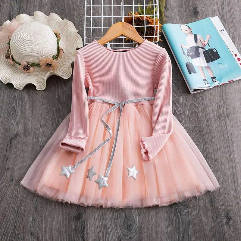 Autumn Winter Long Sleeves Kids Dresses For Girls Casual Clothes Floral Princess Dress Lace Mesh Girls Dress Children's Clothing