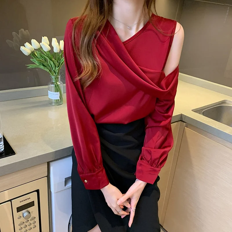 2021 Spring Elegant Satin Blouse Women Off-Shoulder Long Sleeve V-Neck Slim Chiffon Shirt Solid OL Tops Chemisier Femme 11202