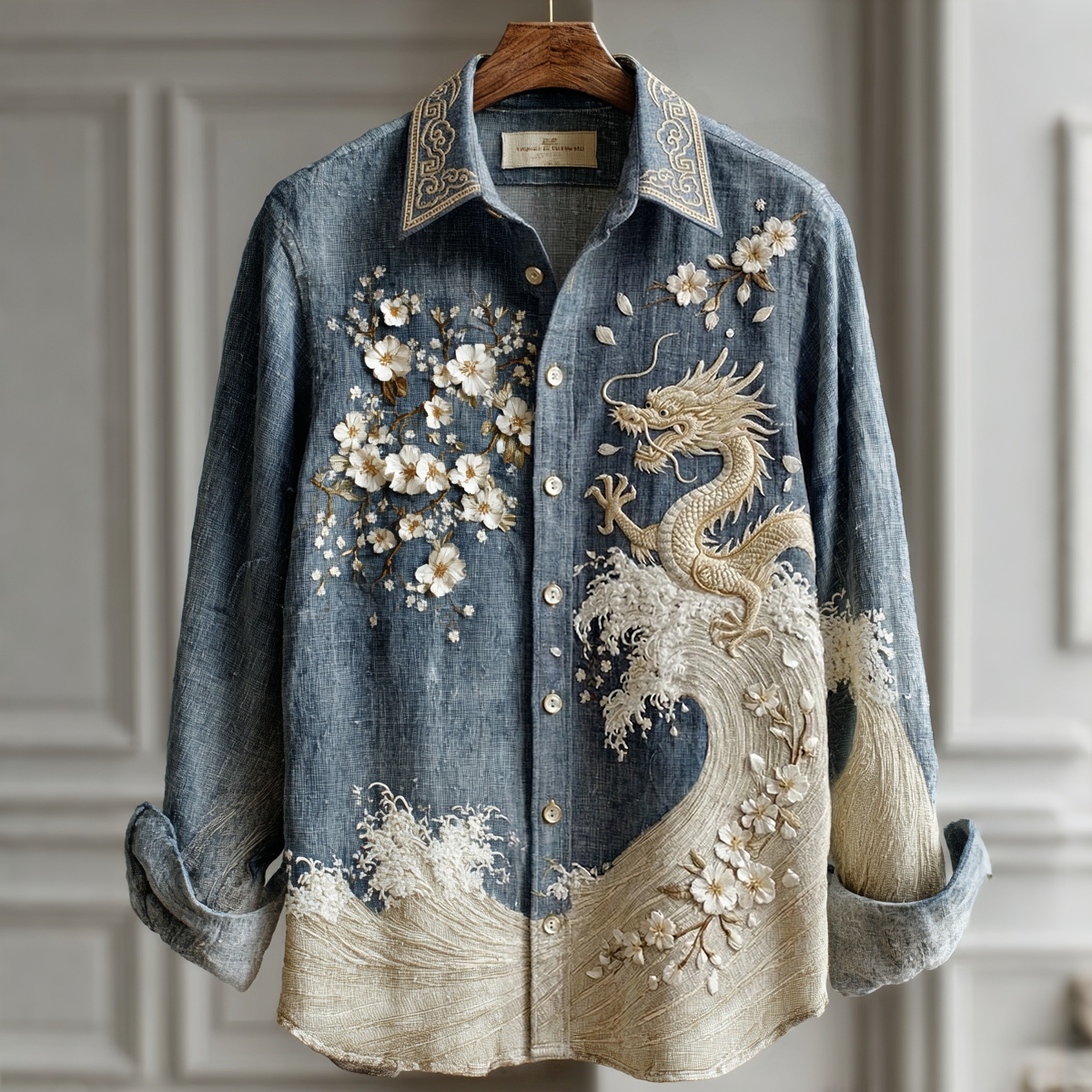 Men's Japanese Art Dragon Waves And Almond Blossom Pattern Long-sleeved Shirt elevenforest