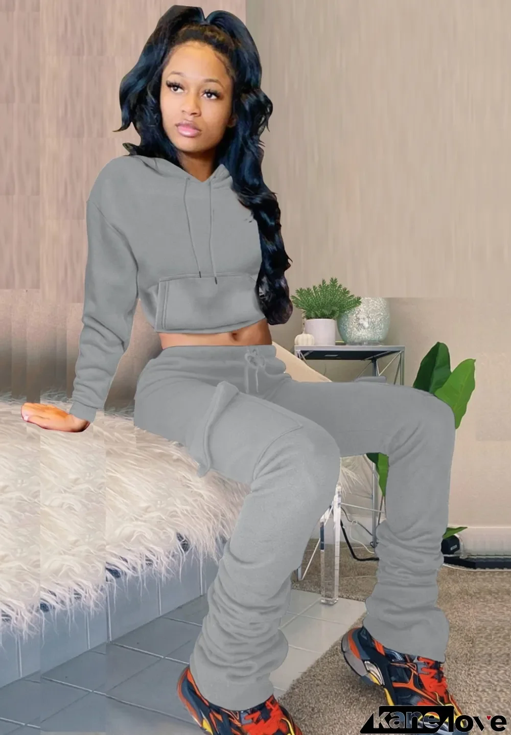 Winter Sports Grey Hooded Crop Top and Pants 2 Piece Sweatsuit