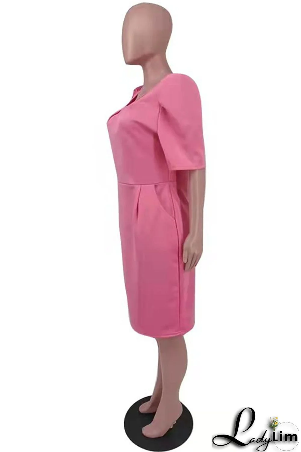 Pink Fashion Casual Plus Size Solid Basic O Neck Short Sleeve Dress (Without Belt)