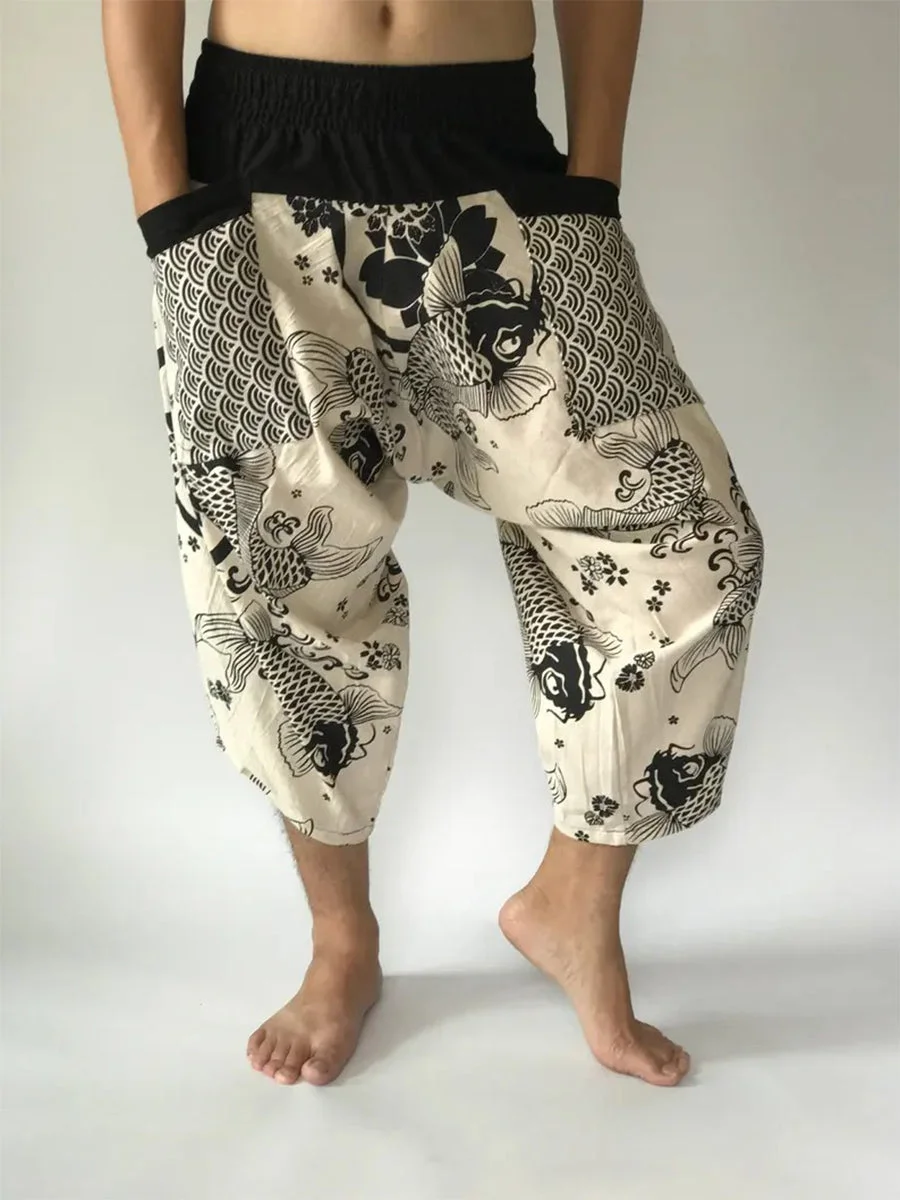Men's Carp Print Elastic Waistband Casual Pants