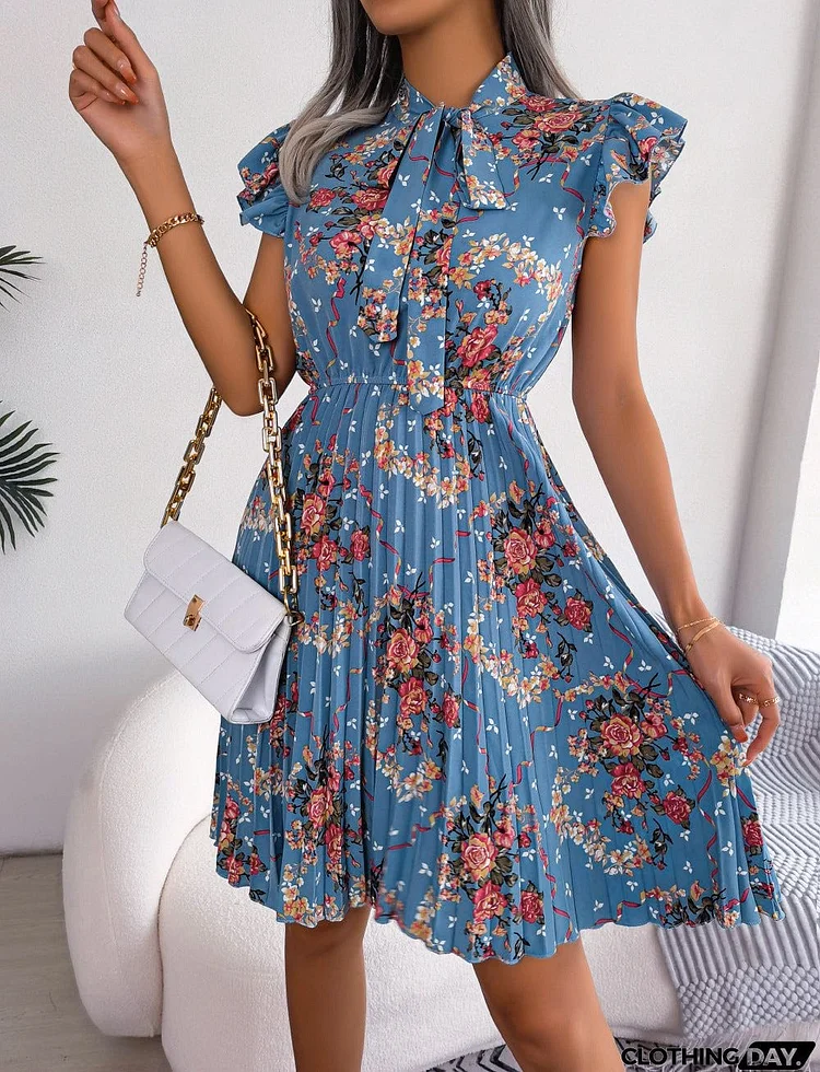 Pleated Floral Printed Tie Neck Knee Length Dress