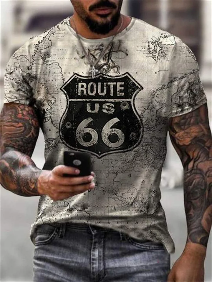 Summer Route 66 Digital Print Round Neck Comfortable Loose Short-sleeved Men's 3D T-shirt | 168DEAL